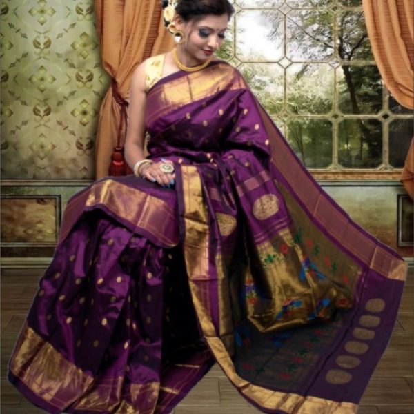 Traditional Kalanjali Paithani Silk Saree, Purple with Gold Border, Floral Motifs, Handloom Weave
