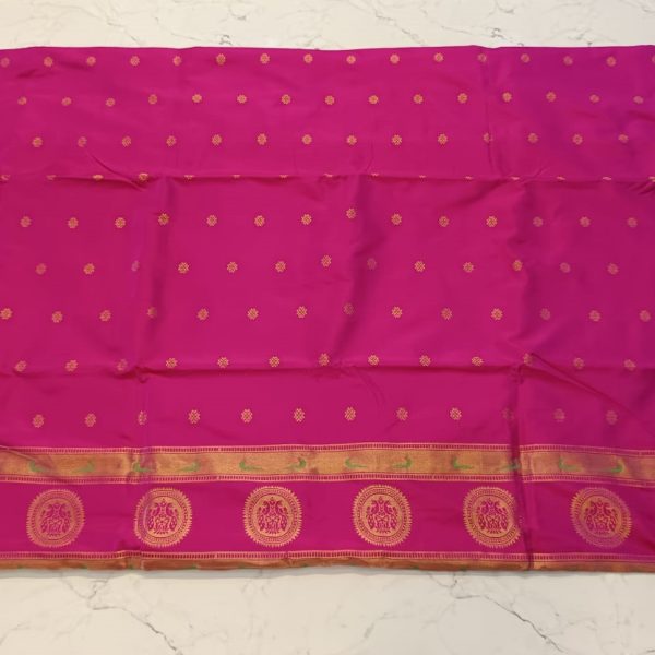Traditional Silk Saree with Floral Motifs, Pink and Gold Border, Handwoven Paithani Style