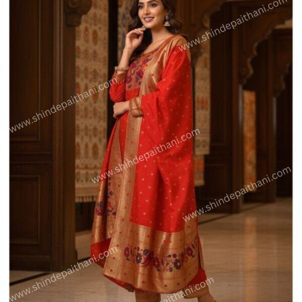 Ethnic Elegance Women's Traditional Red Paithani Salwar Suit with Golden Border and Floral Embroidered Yoke, Festival and Wedding Wear