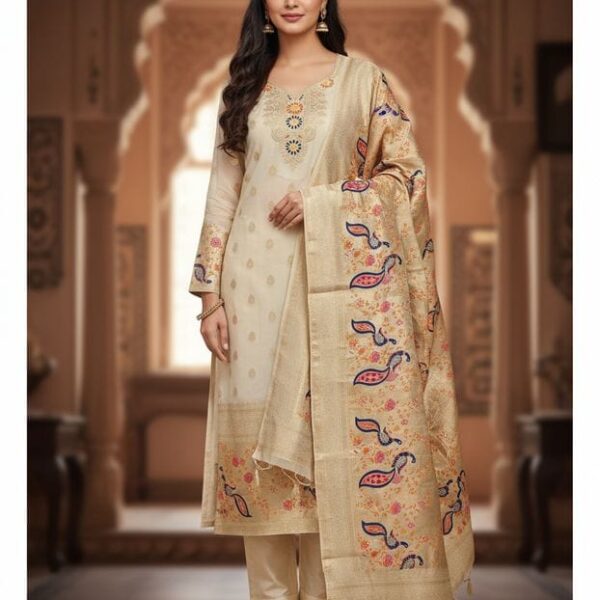 Traditional Cream Paithani Dress material with Embroidered Peacock Design on Dupatta, Cream and Gold Border, Festive and Wedding Wear  Code - 11196