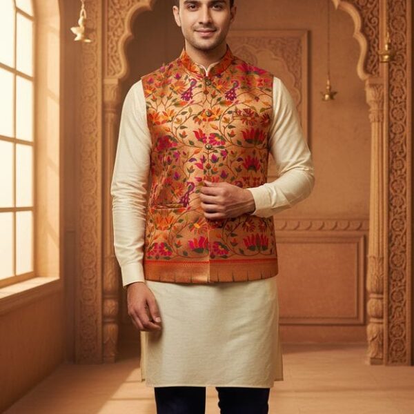 Traditional Men's Paithani Jacket,Wedding Ethnic Wear