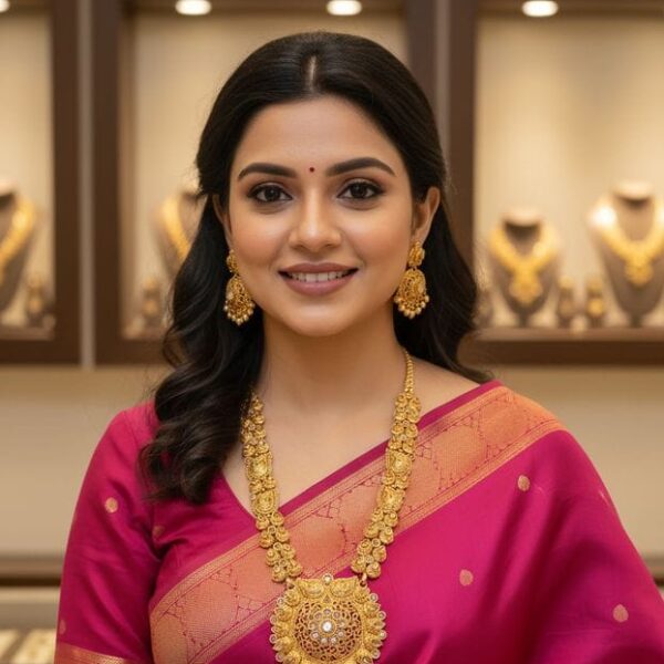 Traditional Gold-Plated Long Necklace Set with Earrings, Antique Kundan Style, Crystal Embellished Pendant, South Indian Wedding Jewelry