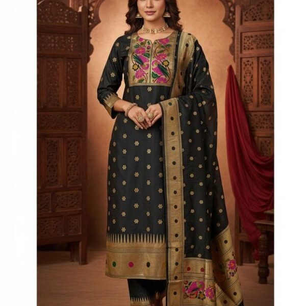 Designer Paithani Silk Salwar Suit with Gold Border, Embroidered Floral Yoke, Traditional Indian Ethnic Wear for Women Code -11113