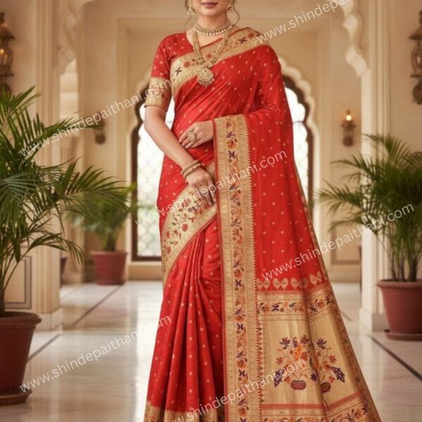 Traditional Red Paithani Silk Saree with Gold Border, Floral Design,Big Zari Border Work, Zari Work,Anniversary Collection Code - 10304