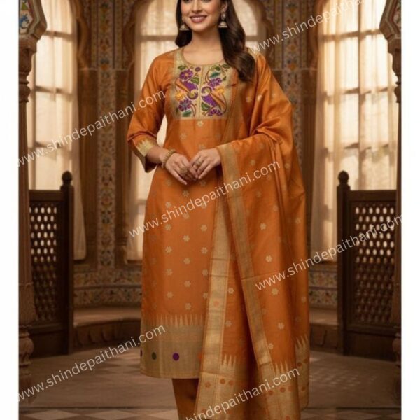 Traditional Orange Chanderi Silk  Paithani Salwar Suit Set, , Embroidered Floor Length Kurta With Palazzo and Dupatta, Ethnic Wear