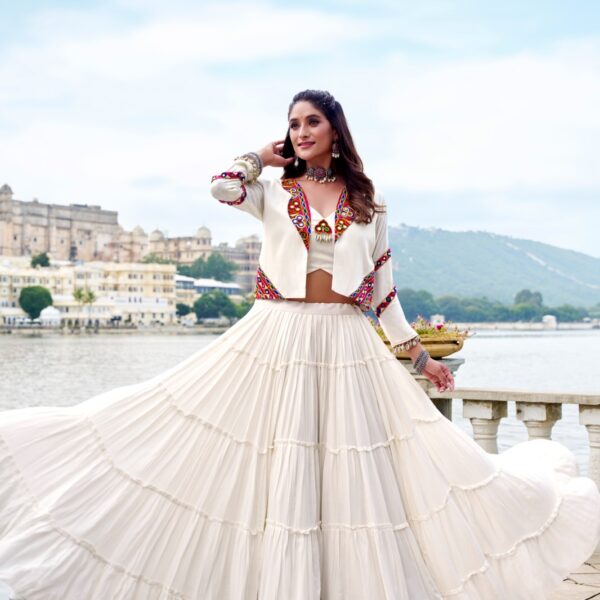 Designer Co-ord Set Lehenga, White Tiered Georgette Skirt with Embroidered Crop Top and Jacket, Traditional Wedding Wear