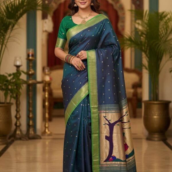 Traditional Handloom Pure Cotton Saree in Navy Blue and Green, Linen Cotton Blend, Weave with Jari Work, Traditional Style for Women