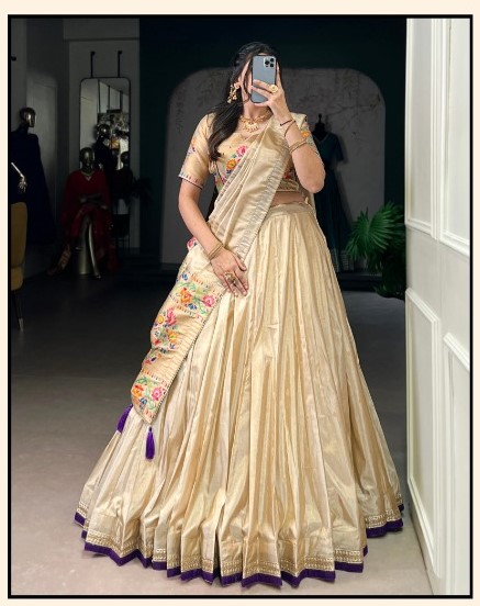 Traditional Three-piece Indian Lehenga Choli,entire outfit, including the skirt with Purple border, blouse (choli), and the scarf/veil (dupatta) Code - 11506