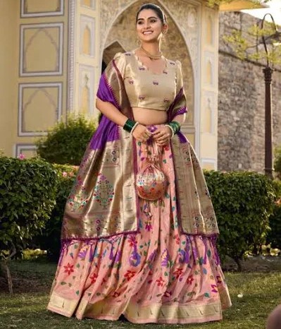 Traditional All Over Paithani Lehenga Choli Set, Beige and Purple Embroidered Silk,  Indian Bridal Wear with Floral Pattern