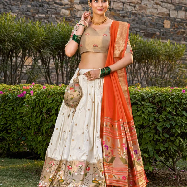 Traditional Silk Paithani Lehenga Choli Set with Lotus Embroidery, Beige Crop Top, White Skirt, Orange Dupatta, Wedding Wear